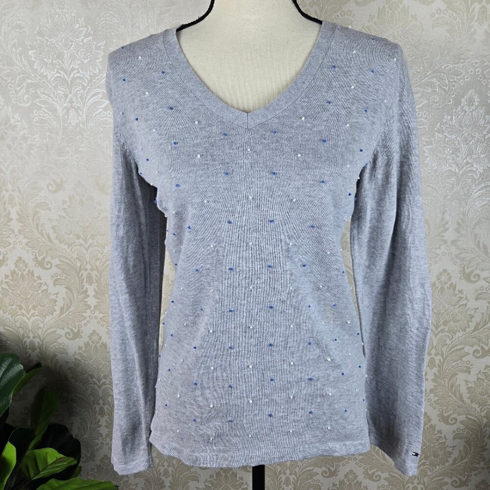 Tommy Hilfiger Sz Medium Gray Pullover Sweater Polka Dots Vneck 100% Pima Cotton